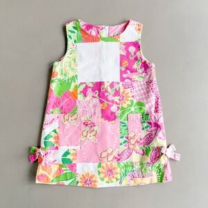 Lilly Pulitzer Girls 3T Tropical Patchwork Shift Dress Alligator Flip Flop Print